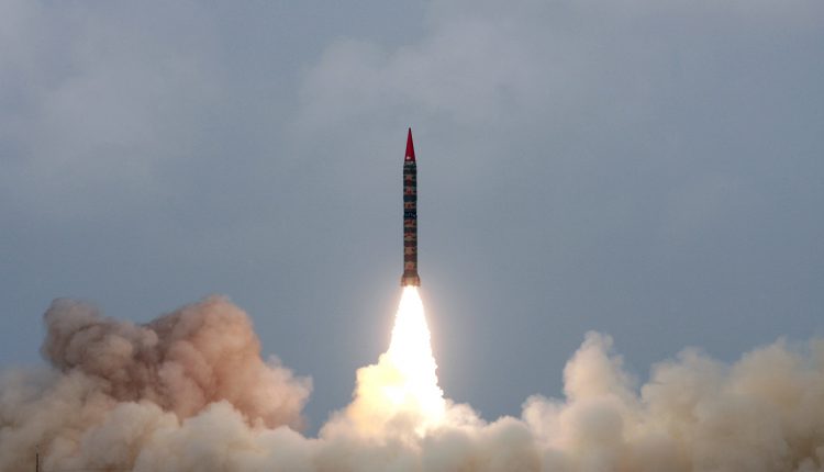 A Hatf-VI (Shaheen-II) missile takes off during a test flight from an undisclosed location in Pakistan