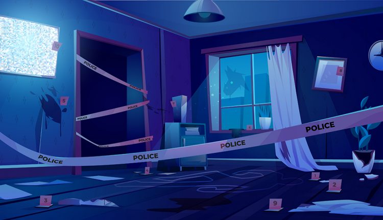 Crime scene at night, murder place in dark room